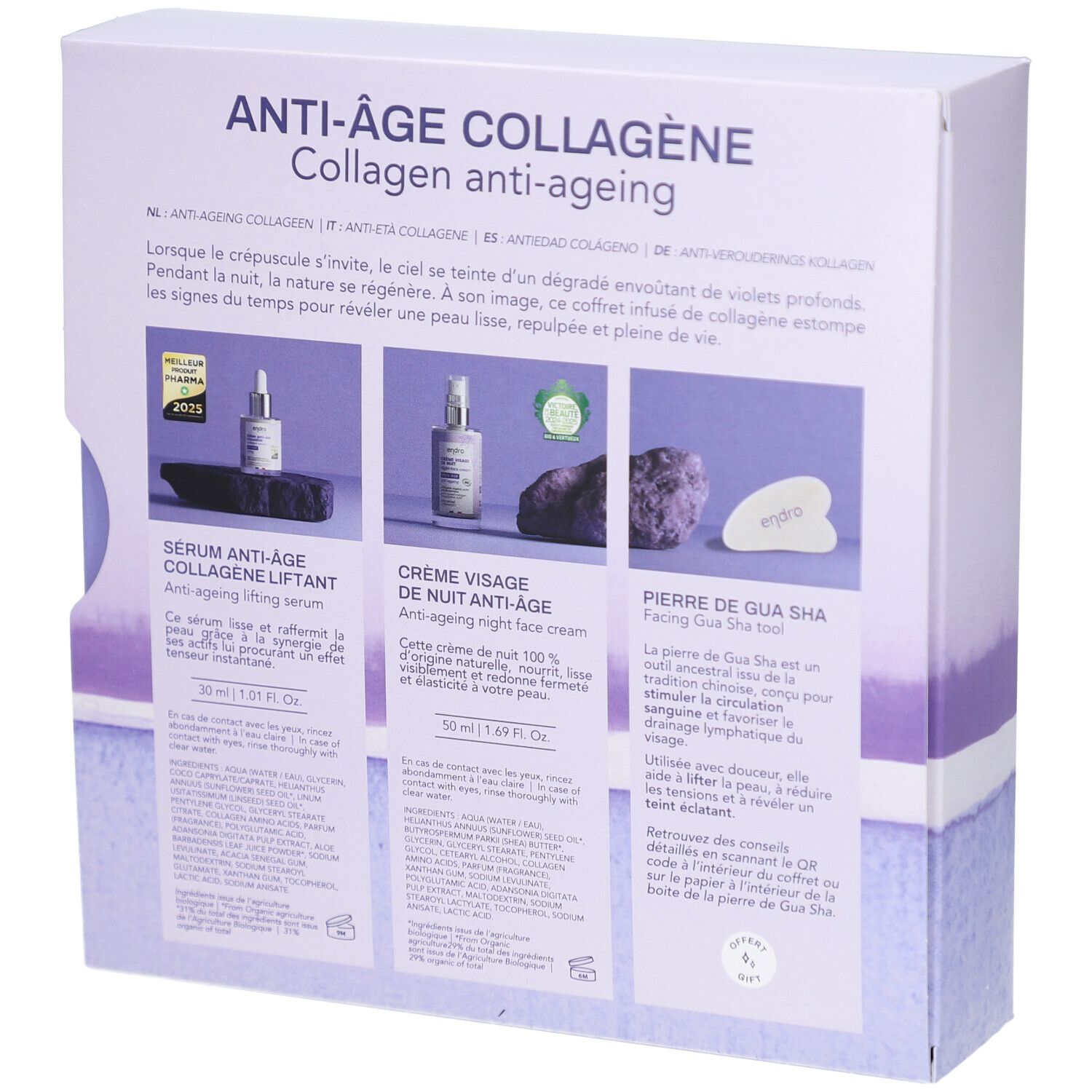 Rückseite der Geschenkbox mit Produktinformationen. Enthält Serum, Nachtcreme und Gua Sha.