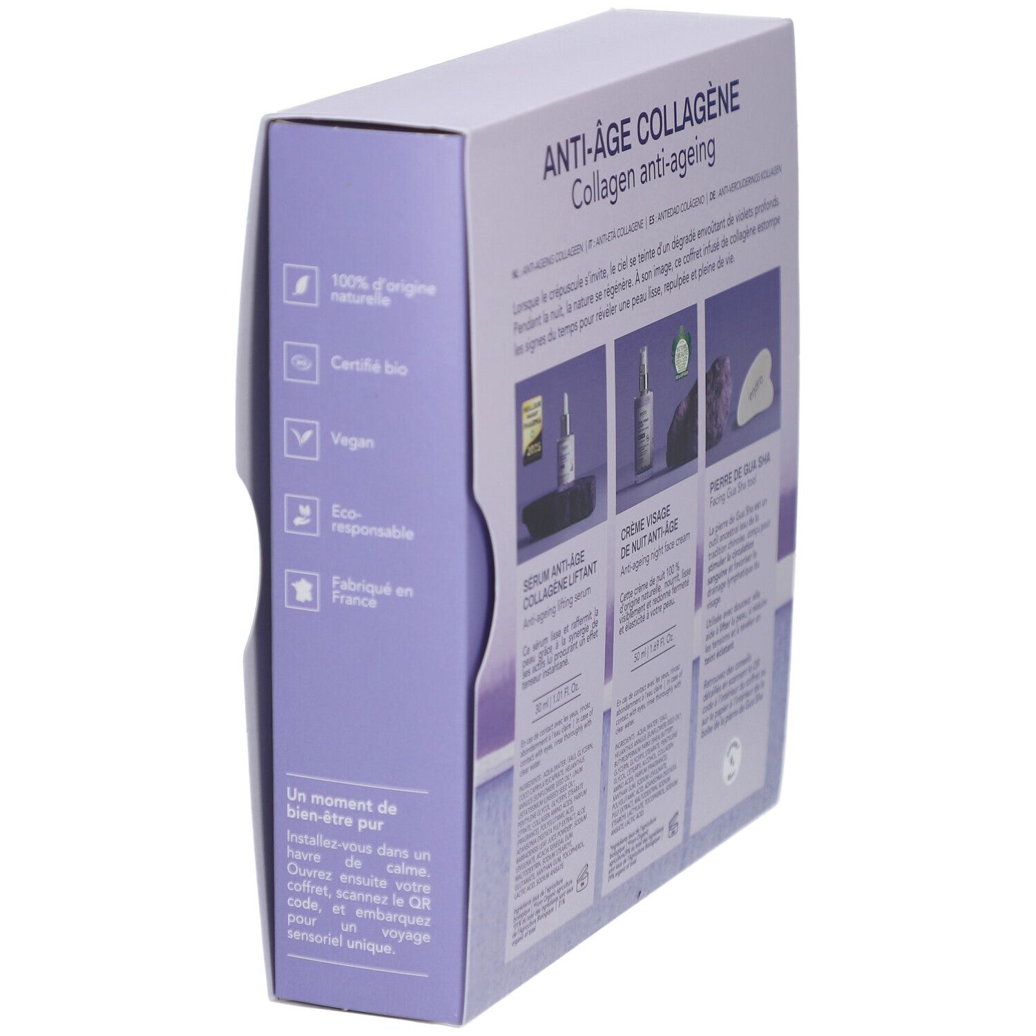 Geschenkbox mit Produktinformationen. Enthält Serum, Nachtcreme und Gua Sha. Seitenansicht.
