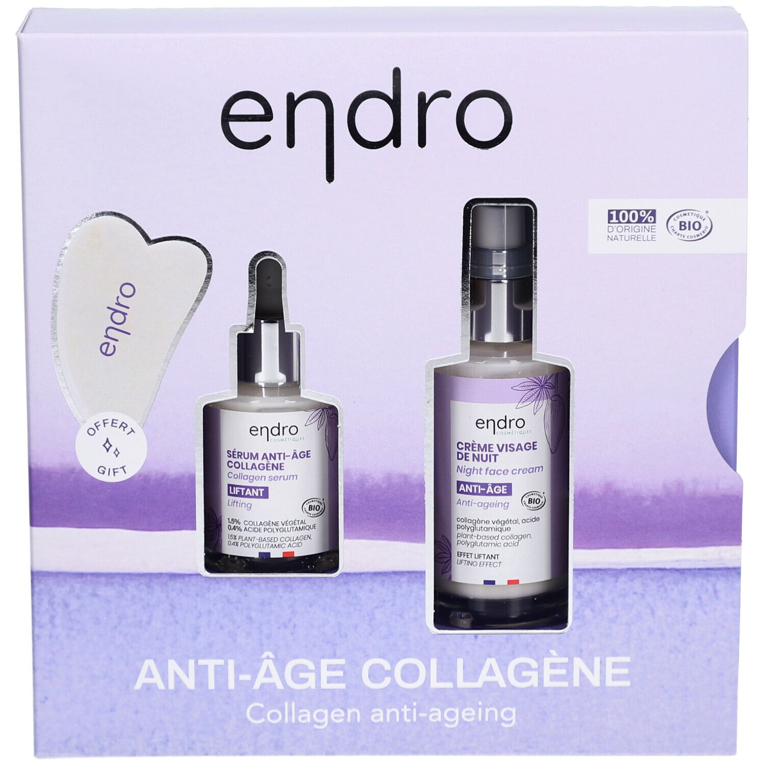 Geschenkset mit Serum, Nachtcreme und Gua Sha. Verpackung mit Produktnamen und Logo. Bio-Zertifizierung.