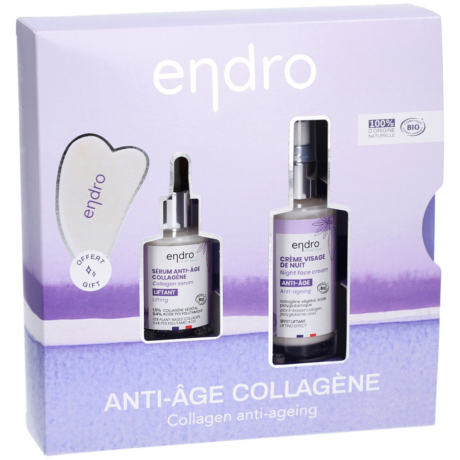 Geschenkset mit Serum, Nachtcreme und Gua Sha. Verpackung mit Produktnamen und Logo. Bio-Zertifizierung.