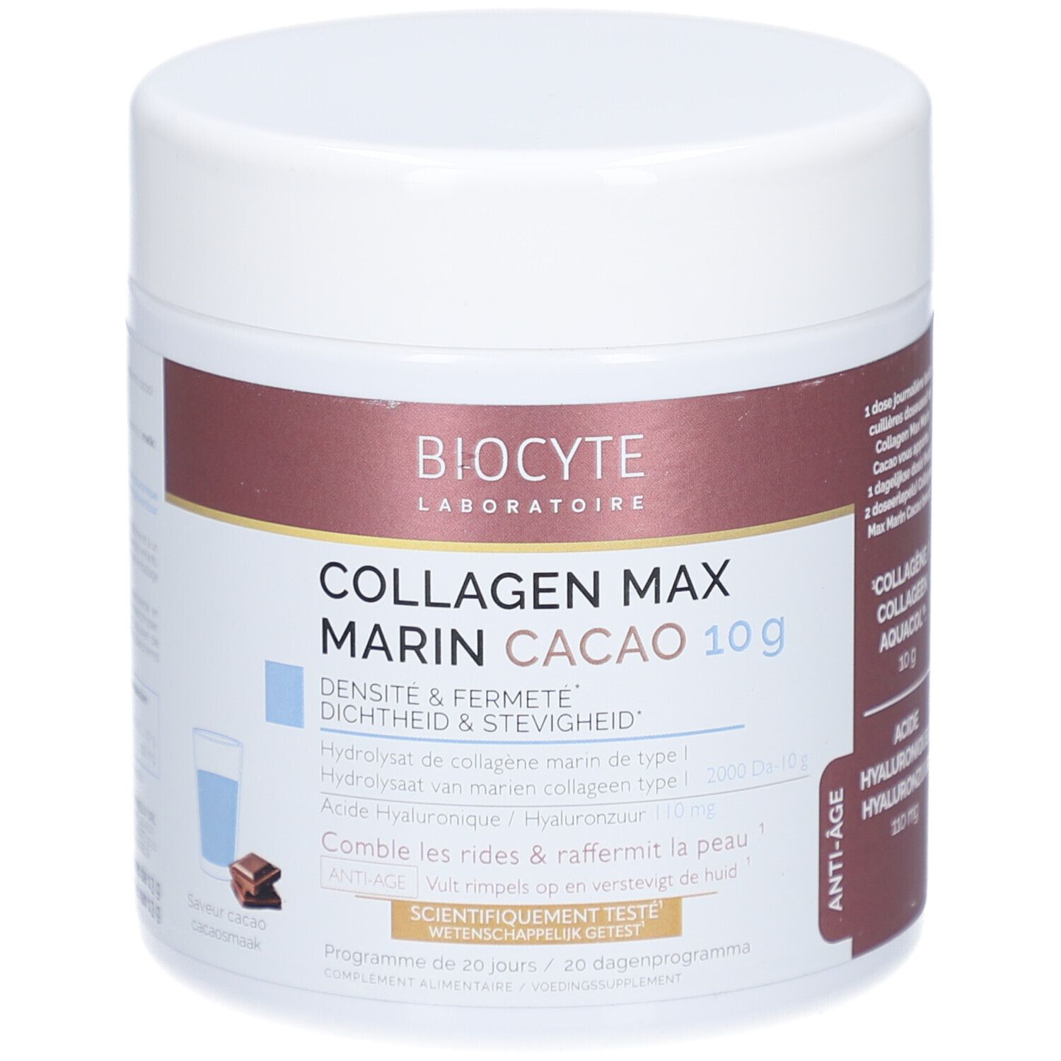 Pot blanc avec étiquette marron. Inscription: Collagen Max Marin Cacao 10 g. Marque: Biocyte.