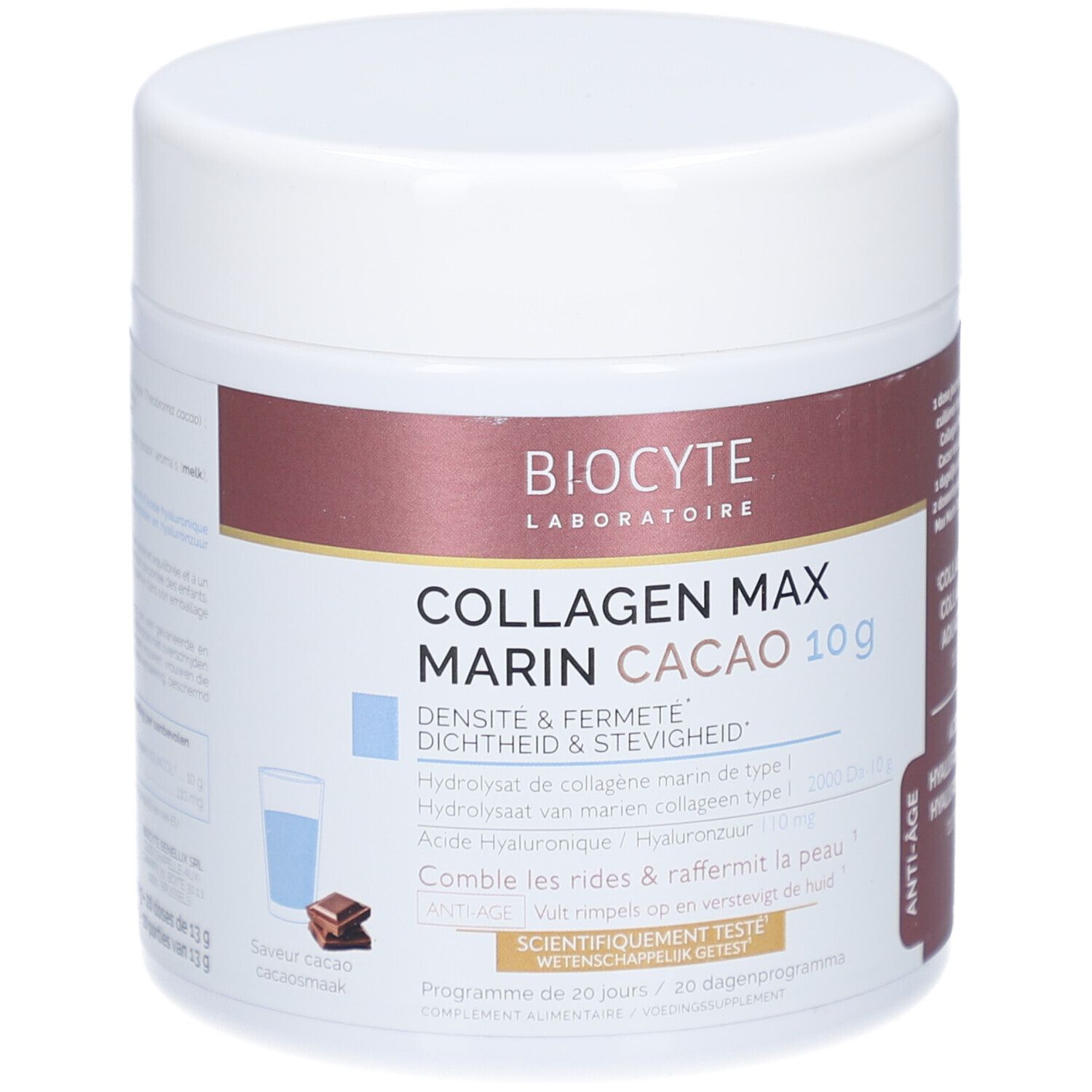 Pot blanc avec étiquette marron. Inscription: Collagen Max Marin Cacao 10 g. Marque: Biocyte.