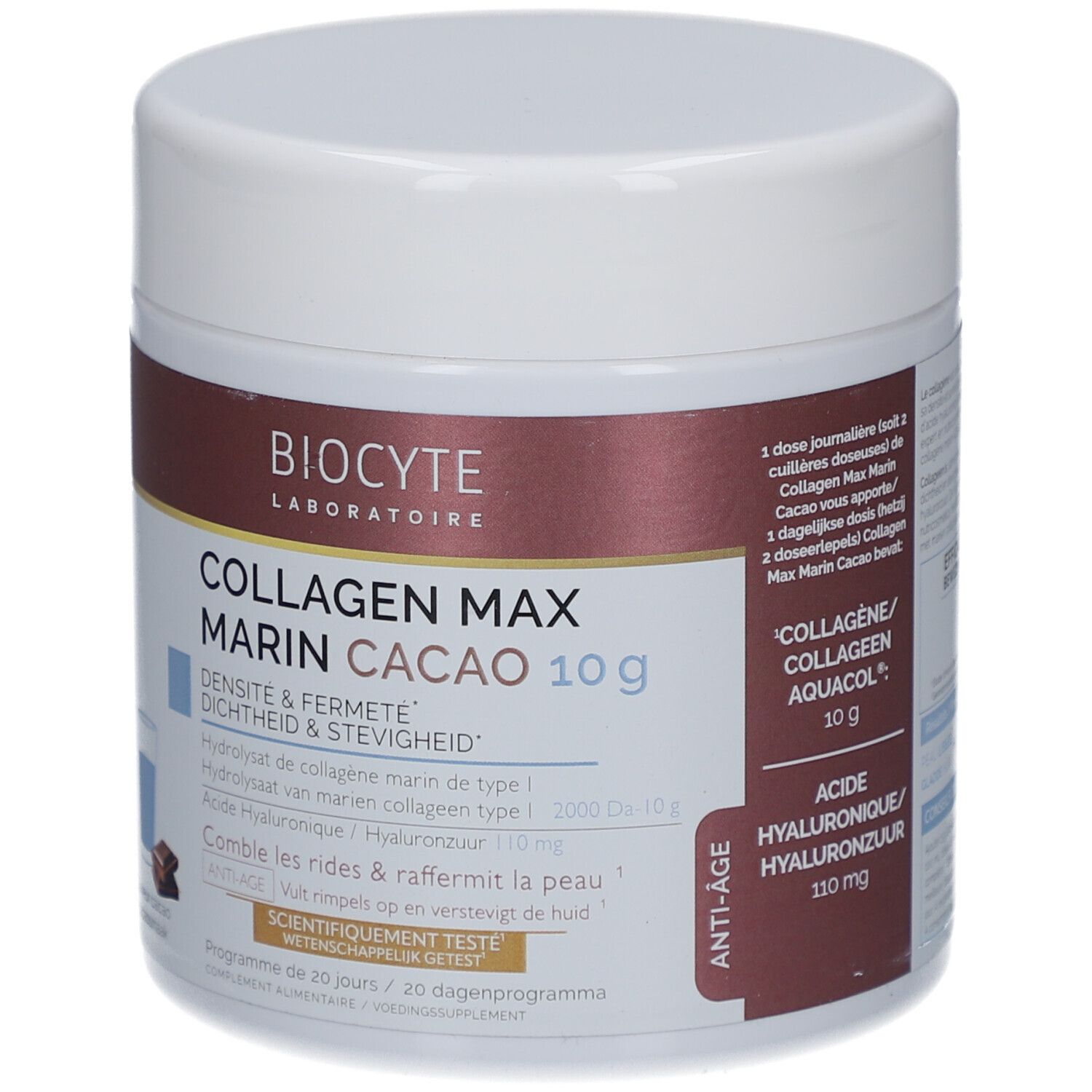 Pot blanc avec étiquette marron. Inscription: Collagen Max Marin Cacao 10 g. Marque: Biocyte.