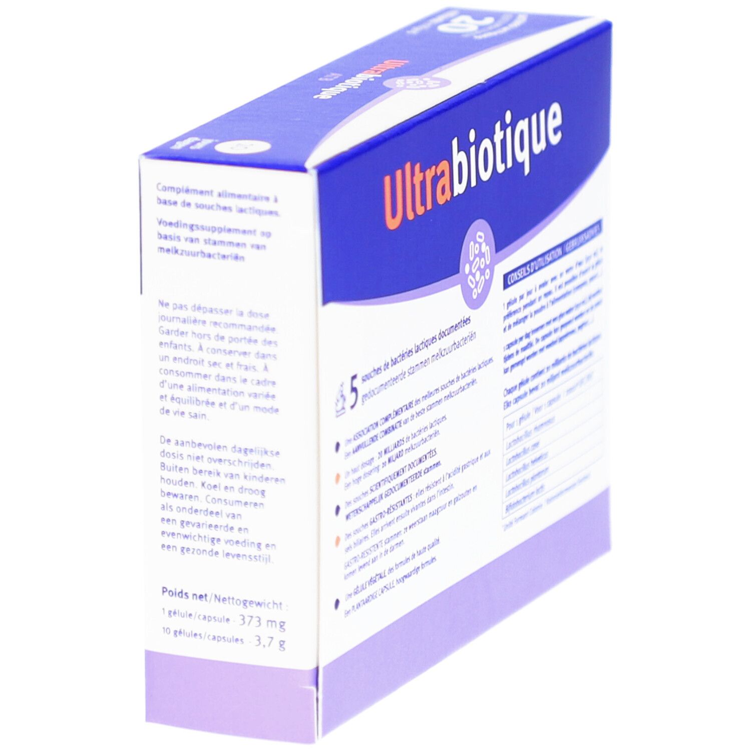 Boîte Ultrabiotique ATB, vue latérale. Texte: 20 milliards bactéries, 5 souches, mode d'emploi. Vitavea Santé. Fabriqué en France.