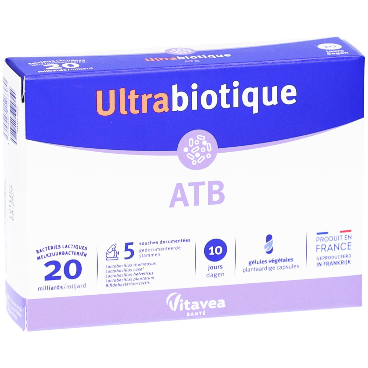 Boîte bleue et blanche Ultrabiotique ATB. Contient 10 gélules. Texte: 20 milliards bactéries, 5 souches, 10 jours. Vitavea Santé. Fabriqué en France.