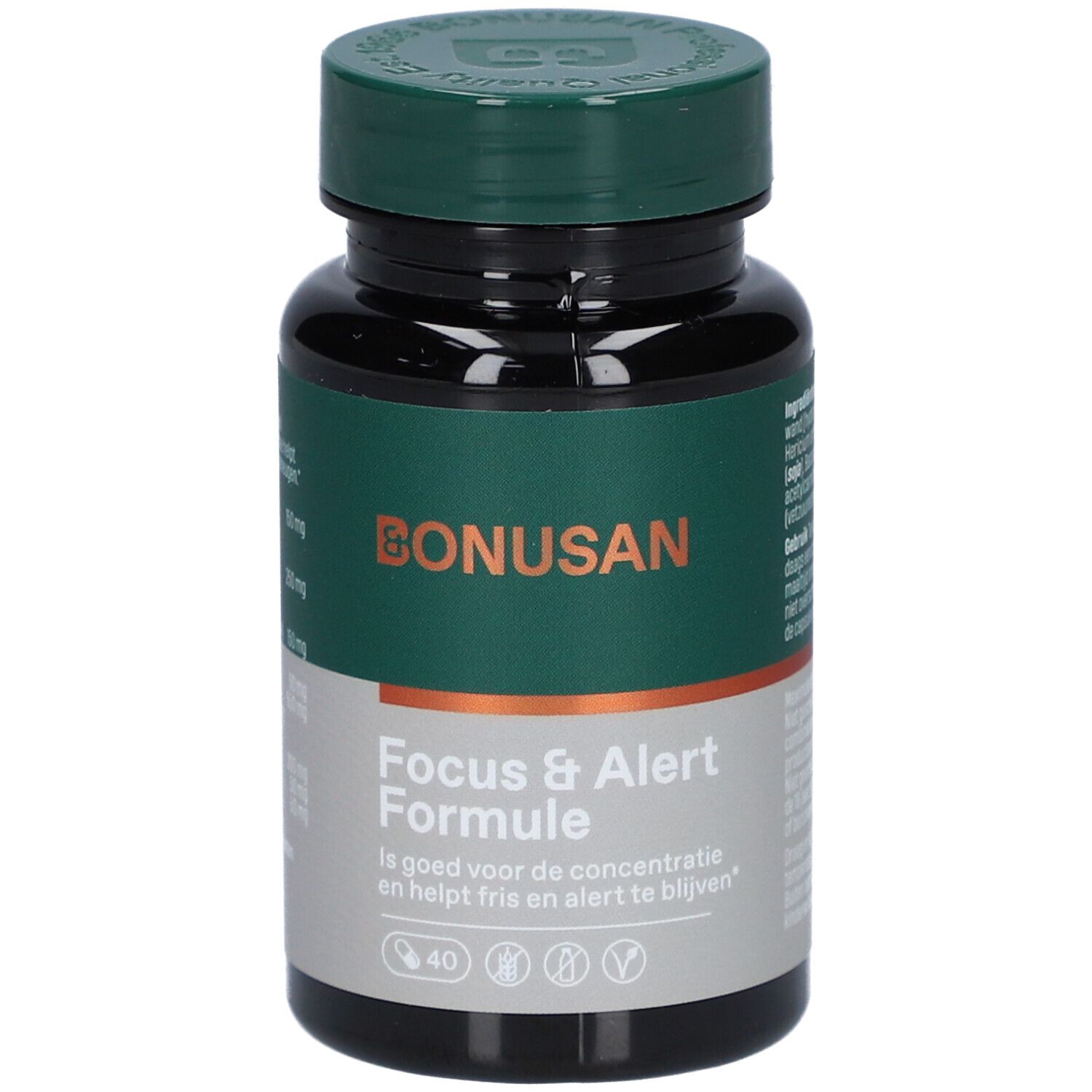 Bonusan-Flasche mit Kapseln. Grün-weiße Etikettierung. Aufschrift: Focus & Alert Formule. 40 Kapseln.