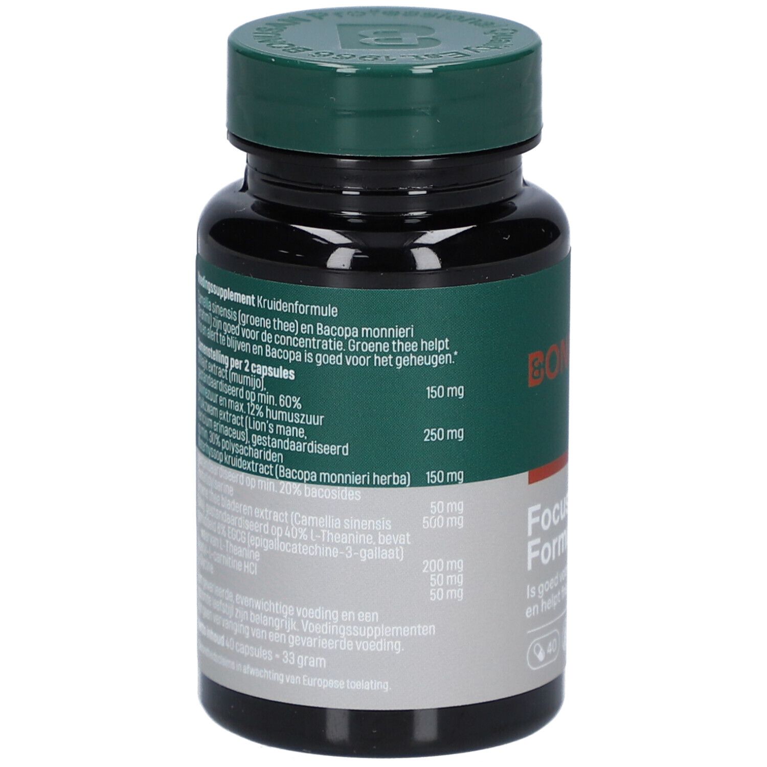 Rückseite der Bonusan-Flasche. Zutatenliste und Nährwertangaben. Grüne Kappe, schwarze Flasche.