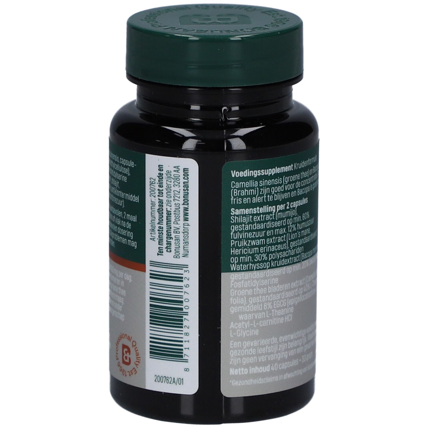 Rückseite der Bonusan-Flasche. Zutatenliste und Nährwertangaben. Grüne Kappe, schwarze Flasche.