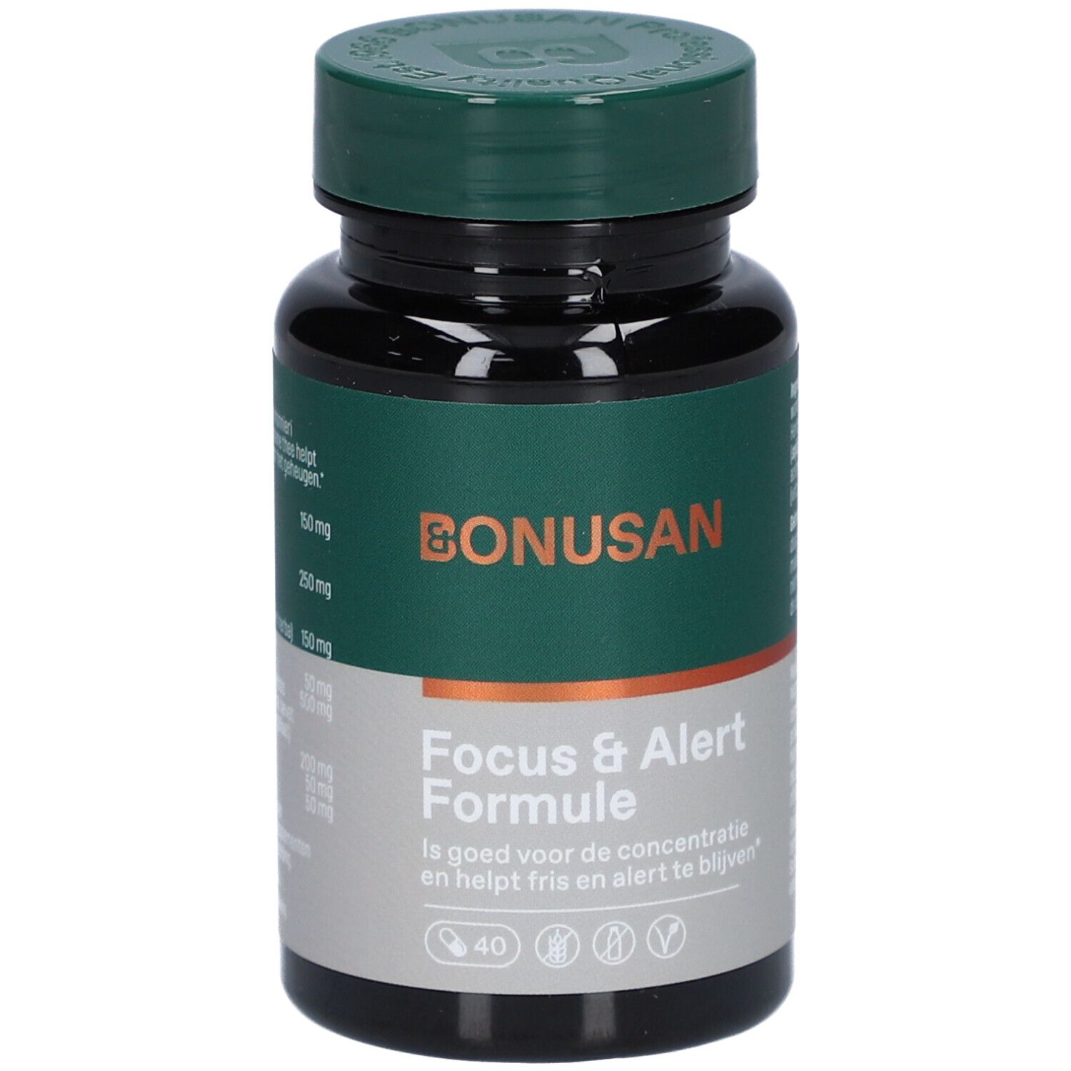 Bonusan-Flasche mit Kapseln. Grün-weiße Etikettierung. Aufschrift: Focus & Alert Formule. 40 Kapseln.