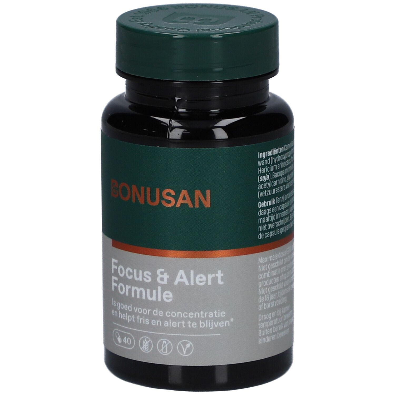 Bonusan-Flasche mit Kapseln. Grün-weiße Etikettierung. Aufschrift: Focus & Alert Formule. 40 Kapseln.