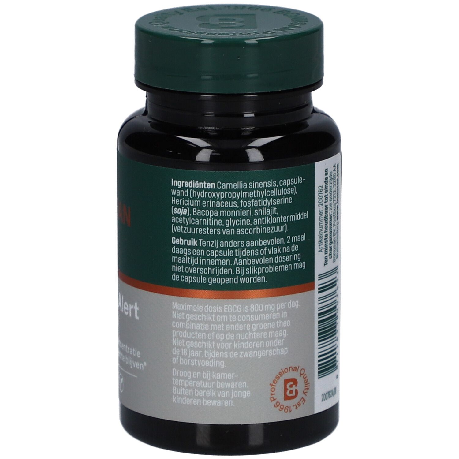 Rückseite der Bonusan-Flasche. Zutatenliste und Nährwertangaben. Grüne Kappe, schwarze Flasche.