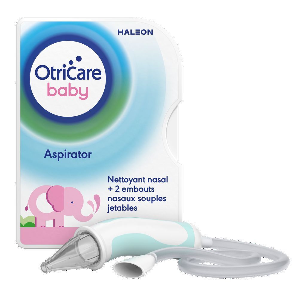 OtriCare baby Aspirateur nasal et accessoires. Emballage avec produit et illustration éléphant rose.