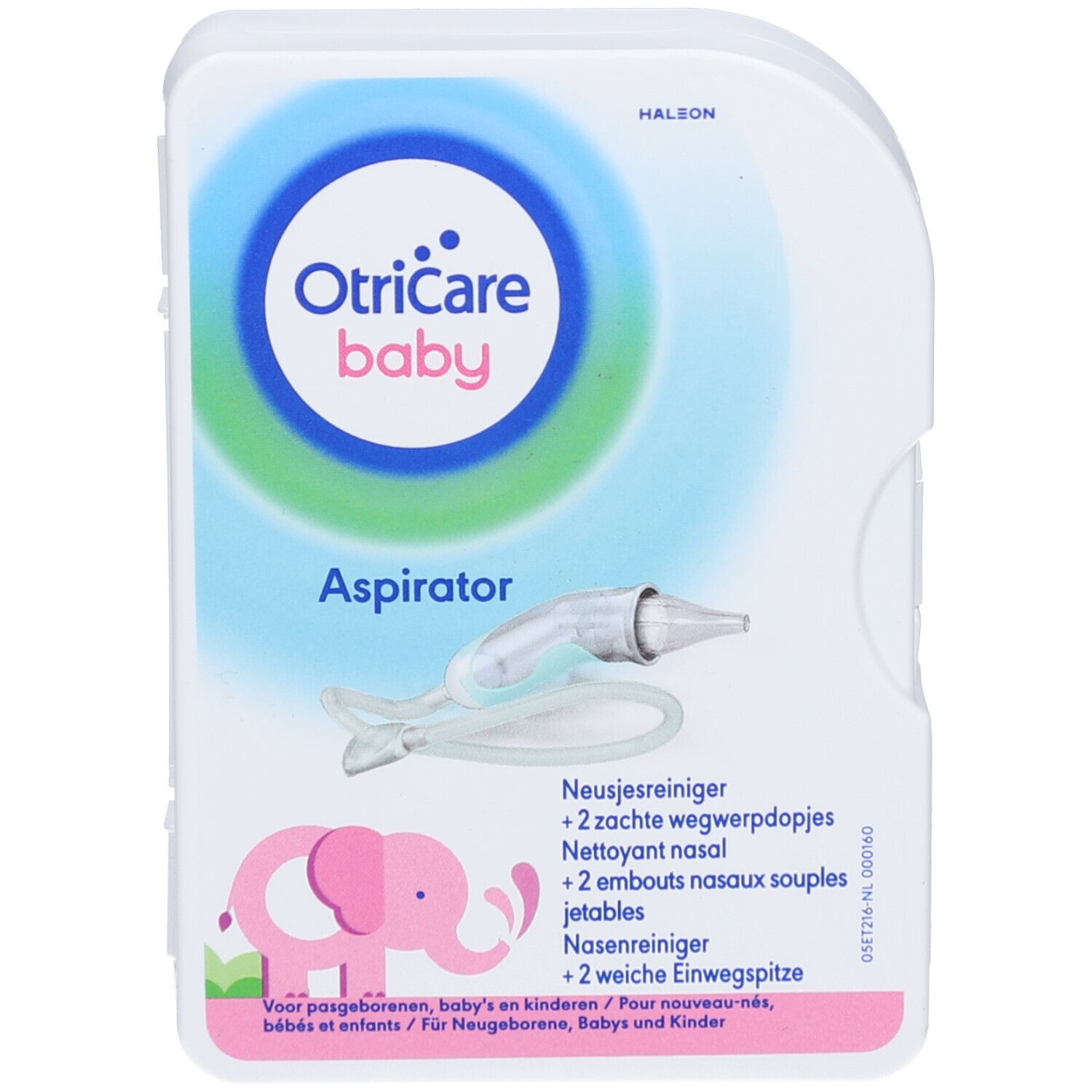 Verpackung mit Nasensauger und Zubehör. Rosa Elefanten-Illustration. Text: OtriCare baby Aspirator.