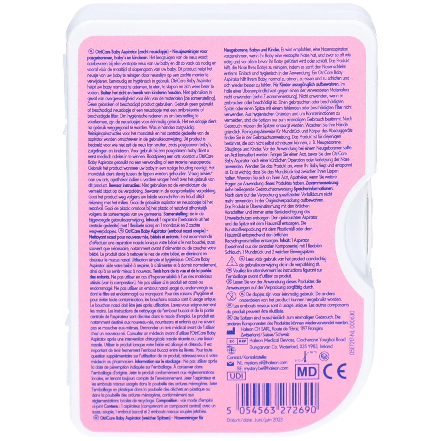 Rückseite der Verpackung mit Text in mehreren Sprachen. Enthält Informationen zum Produkt und Hersteller.