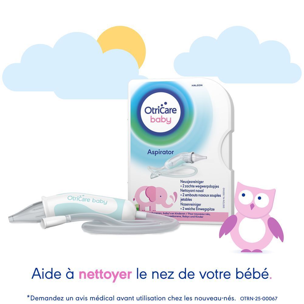 OtriCare baby Aspirateur nasal et accessoires. Produit à côté de l'emballage. Illustration éléphant rose.