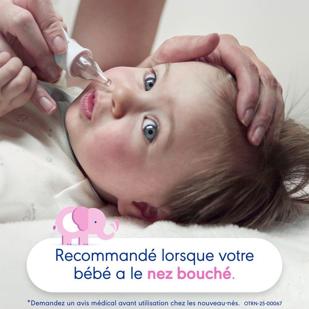 Bébé traité avec un aspirateur nasal. Produit et emballage en arrière-plan. Illustration éléphant rose.