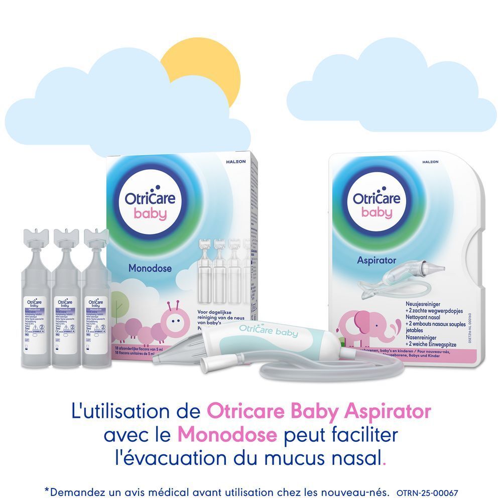 Bébé traité avec un aspirateur nasal. Produit au premier plan. Illustration éléphant rose.