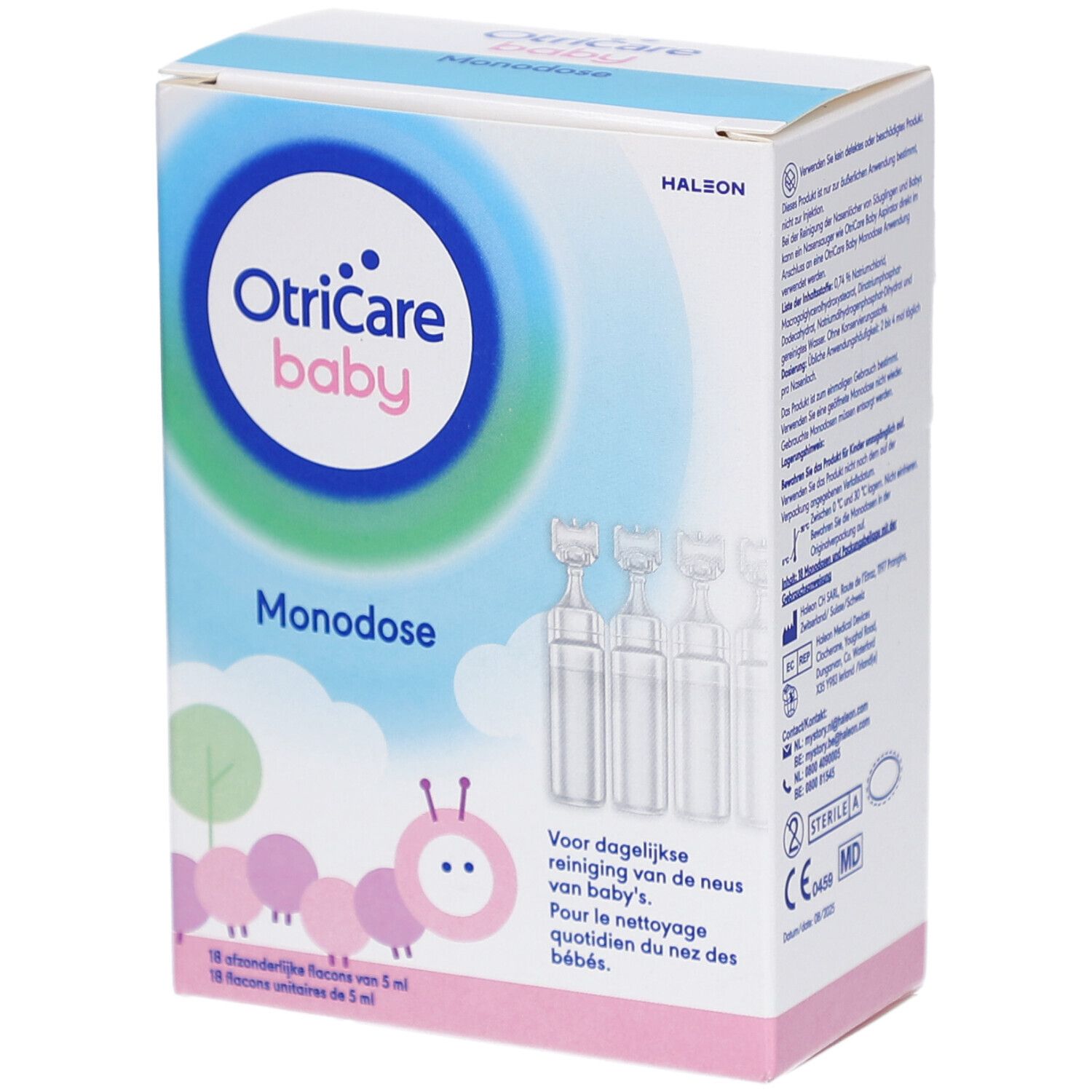 Schachtel mit OtriCare Baby Monodose. Enthält 18 Einzeldosen. Verpackung mit Produktinformationen.