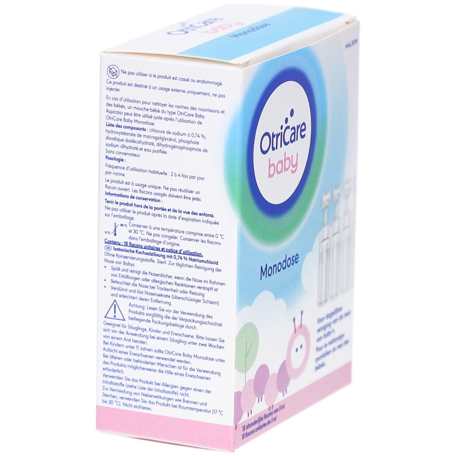 OtriCare Baby Monodose-Verpackung. Produktinformationen auf der Verpackung. Ansicht von der Seite.