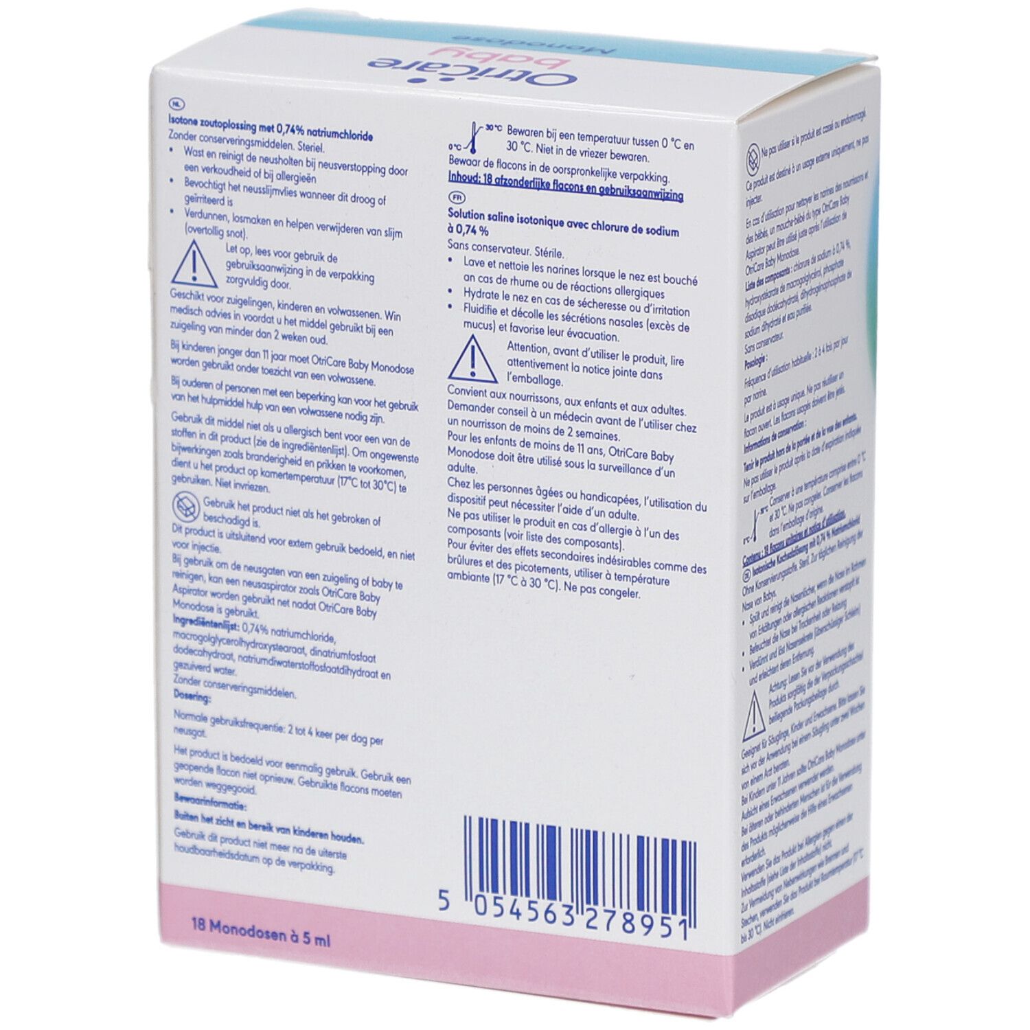 Rückseite der OtriCare Baby Monodose-Verpackung. Produktinformationen und Barcode.