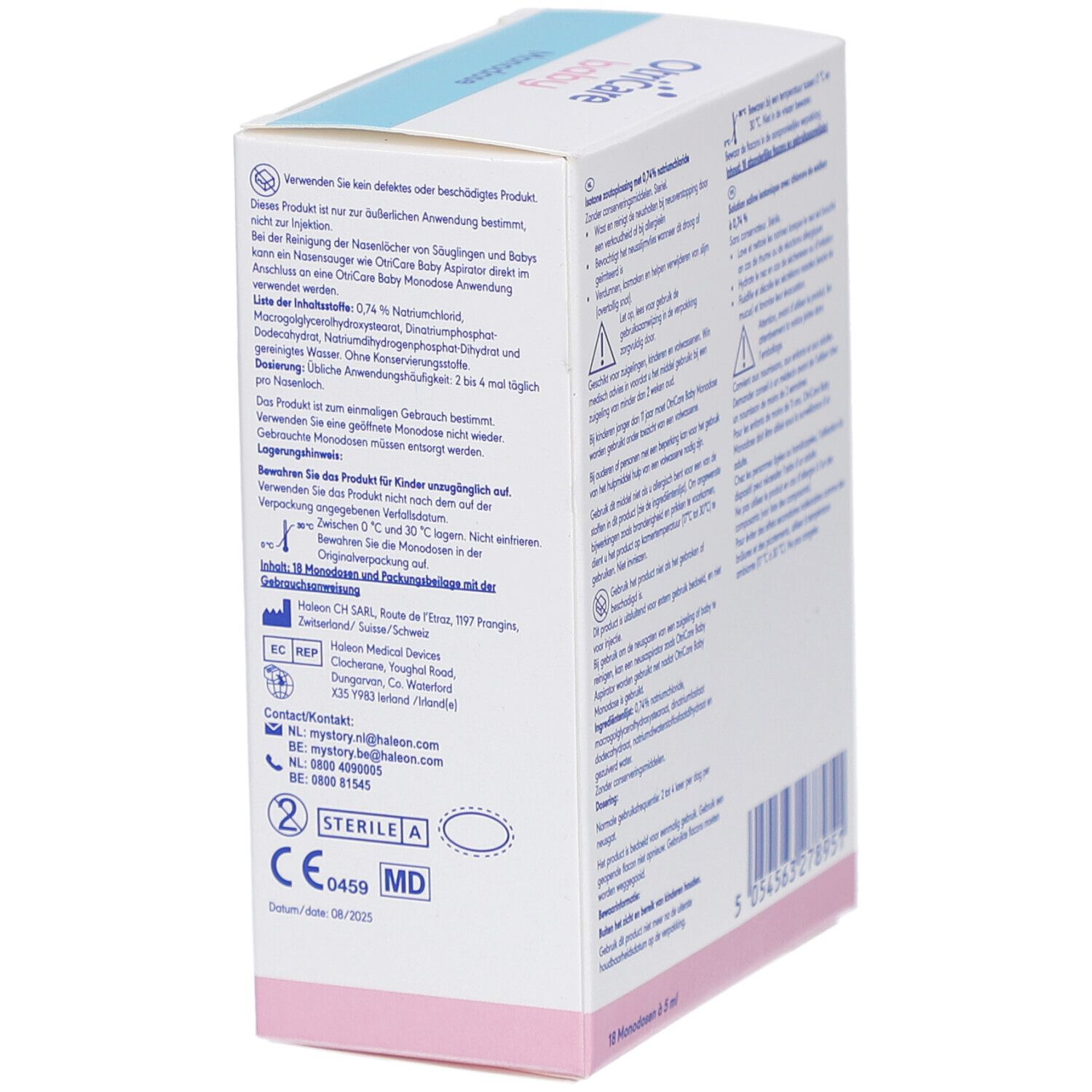 Seite der OtriCare Baby Monodose-Verpackung. Produktinformationen, CE-Kennzeichnung.