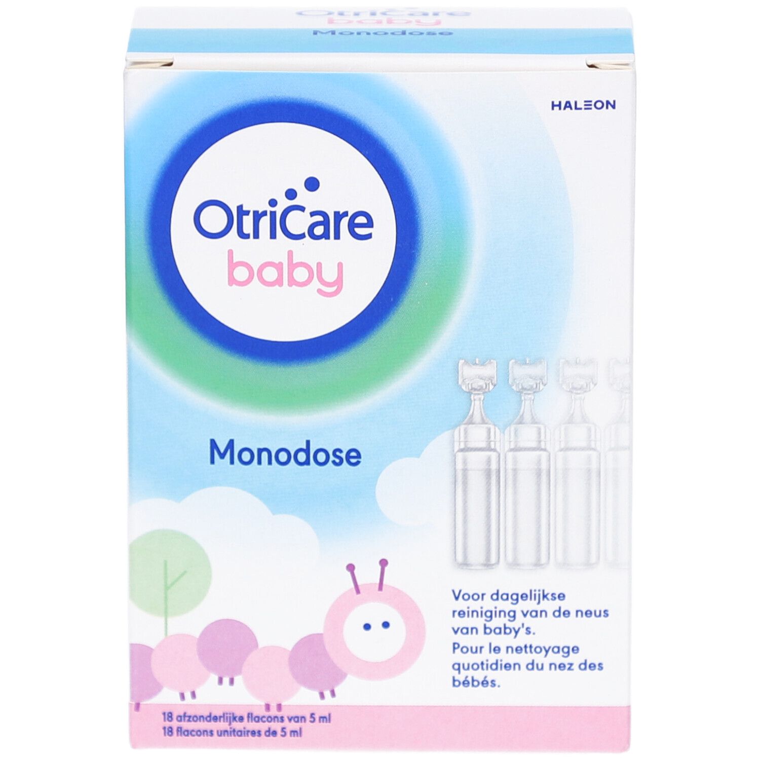 OtriCare Baby Monodose-Packung. 18 Einzeldosen. Produktname und Logo.