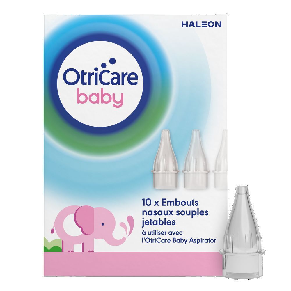 Boîte OtriCare Baby avec embouts nasaux. Logo éléphant rose. Texte: Pour le nettoyage en douceur du nez de votre bébé.