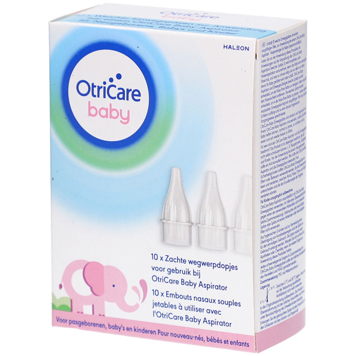 Packung mit 10 Nasenaufsätzen für OtriCare Baby Aspirator. Weiße, konische Aufsätze. Rosa Elefanten-Logo.