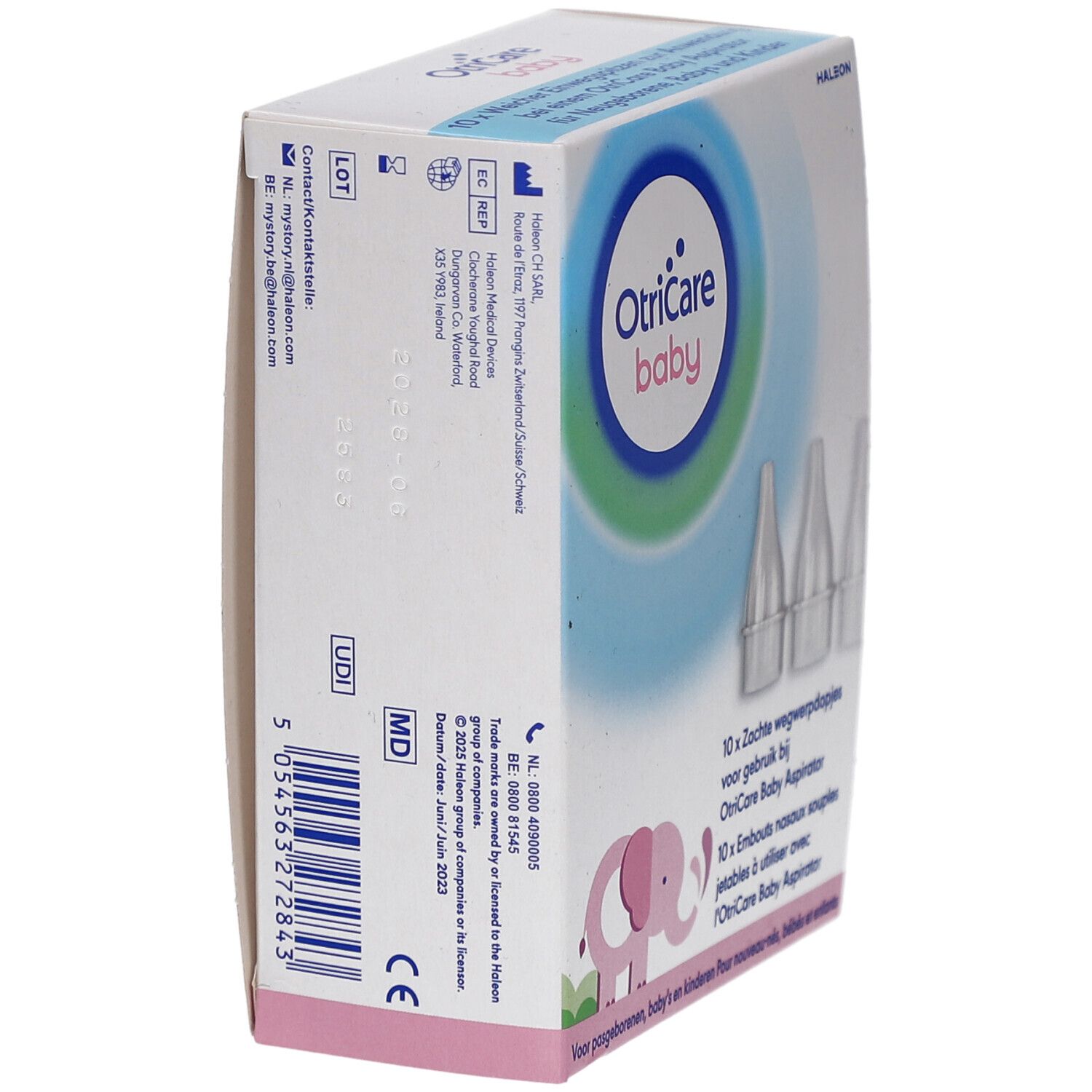 Seitenansicht der Verpackung mit Produktinformationen und Logos. Enthält CE-Kennzeichnung und UDI-Code.