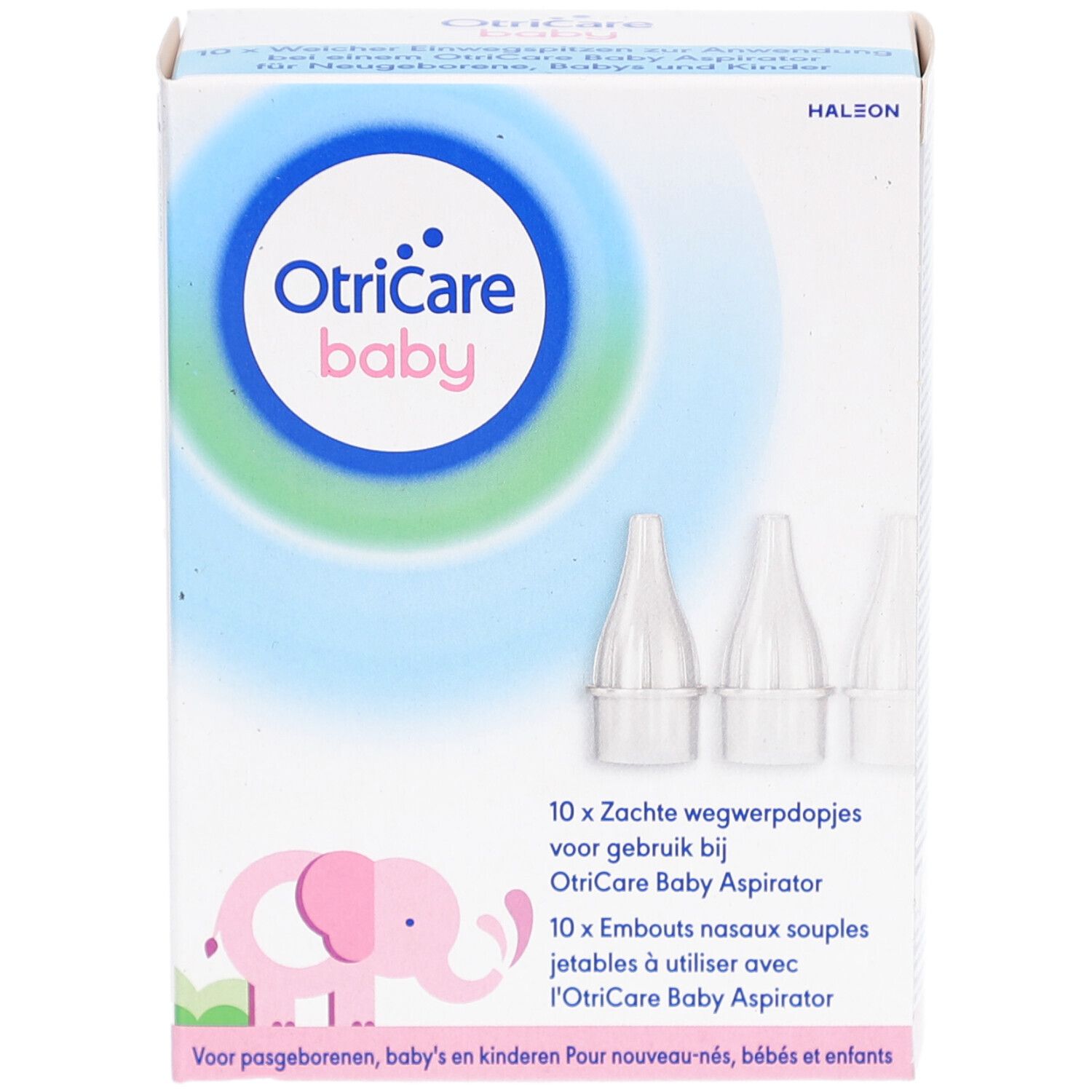 Packung mit 10 Nasenaufsätzen für OtriCare Baby Aspirator. Weiße, konische Aufsätze. Rosa Elefanten-Logo.