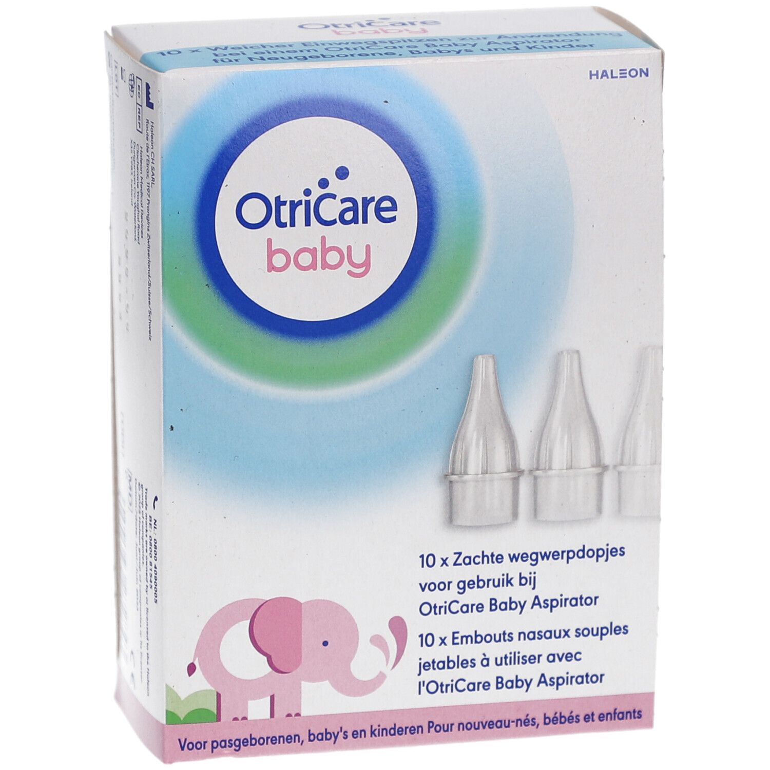 Packung mit 10 Nasenaufsätzen für OtriCare Baby Aspirator. Weiße, konische Aufsätze. Rosa Elefanten-Logo.