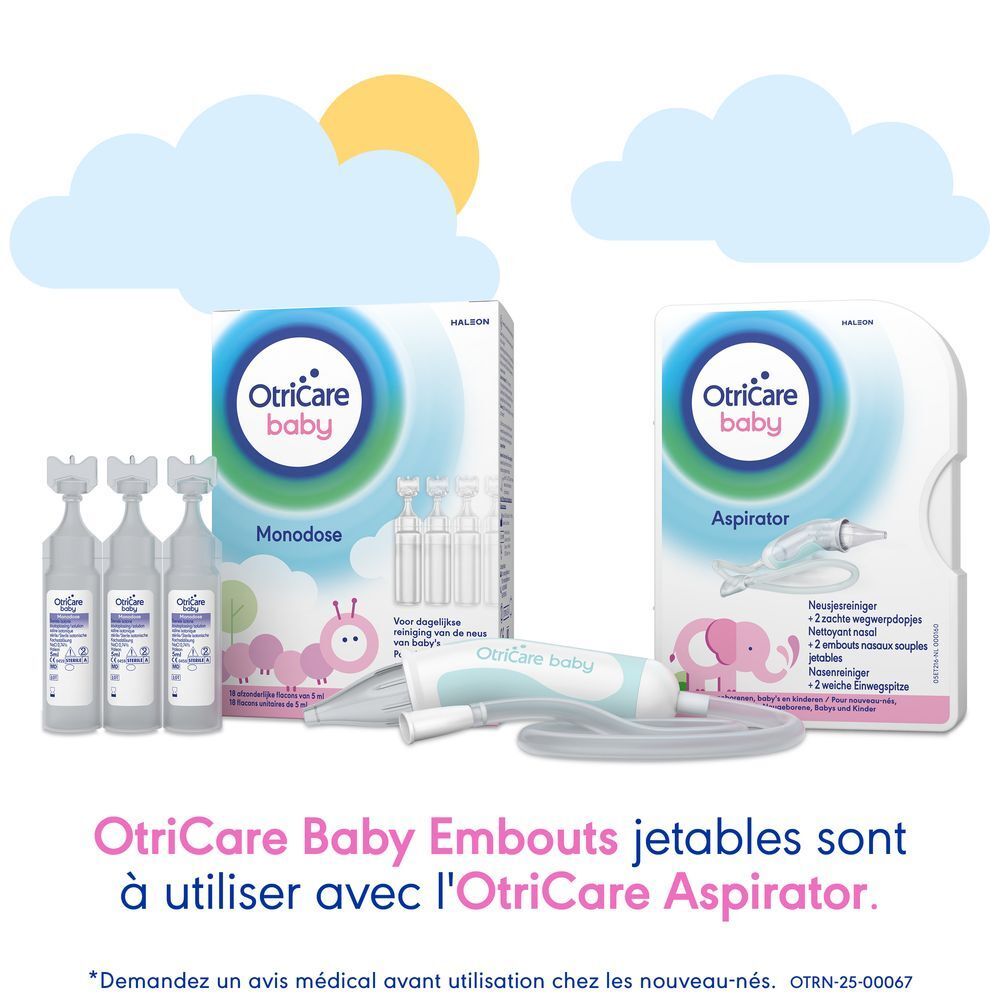 Boîte OtriCare Baby avec embouts nasaux. Logo éléphant rose. Texte: Pour le nettoyage en douceur du nez de votre bébé.