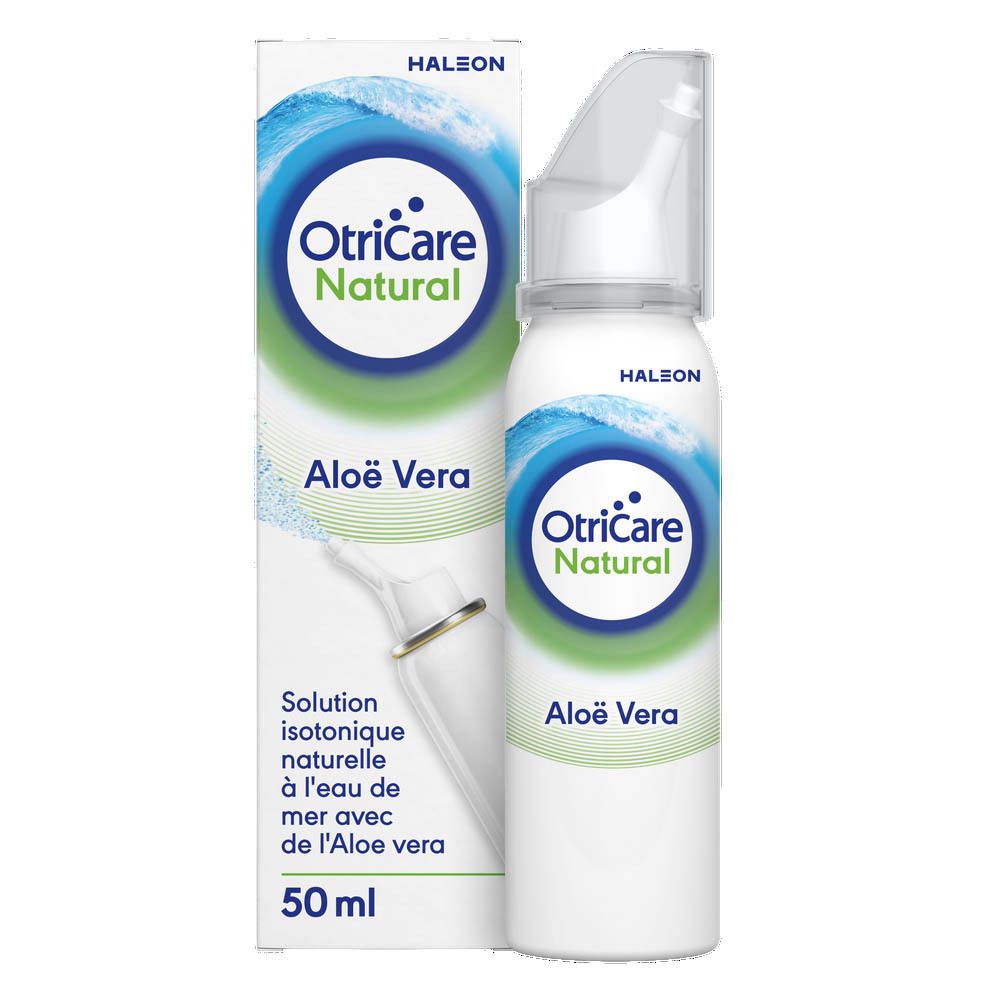 Spray nasal OtriCare Natural Aloe Vera et emballage. Emballage blanc avec design bleu et vert.