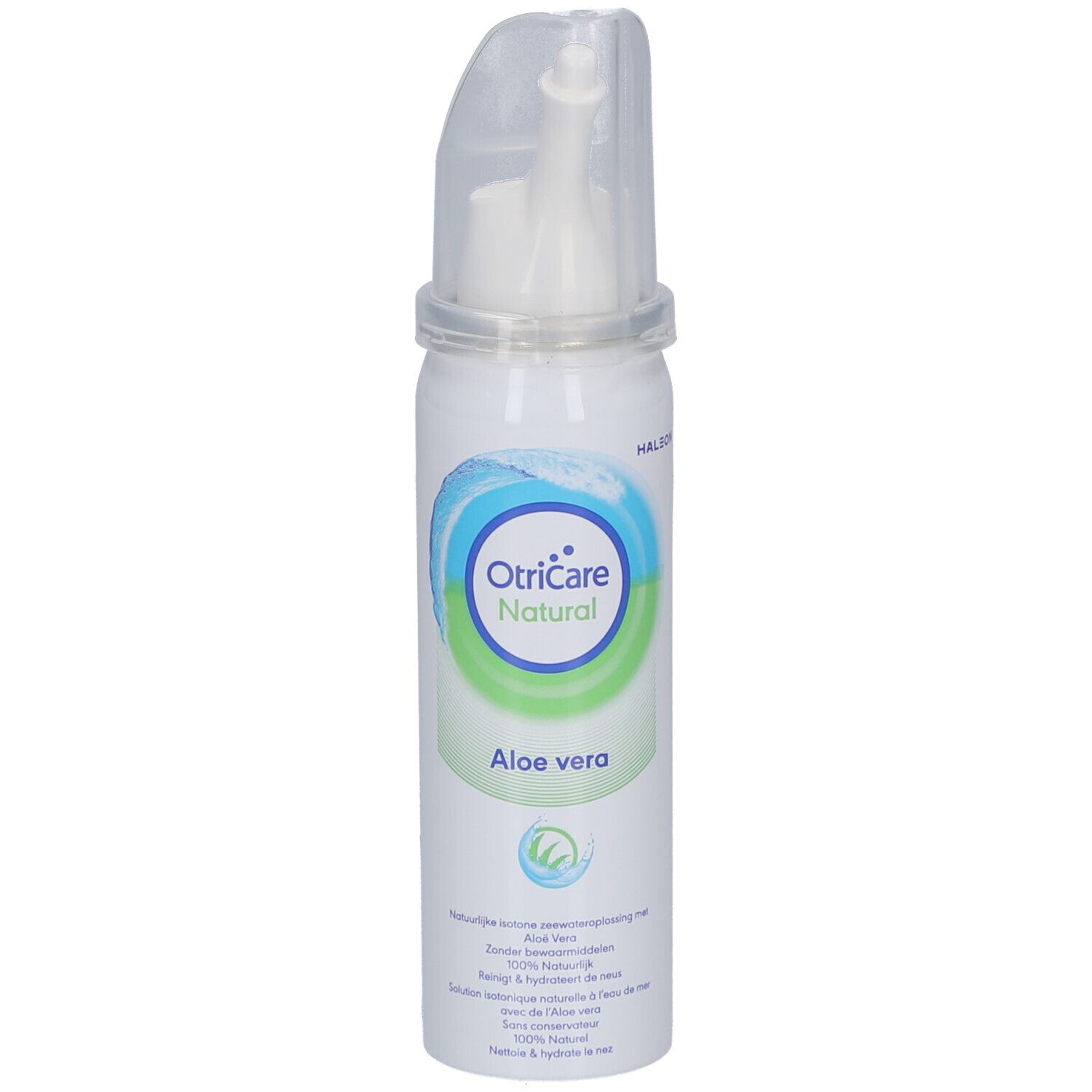 Nasenspray-Flasche mit Kappe. Oben steht OtriCare Natural, darunter Aloe Vera. Weiße Flasche mit blau-grünem Design.