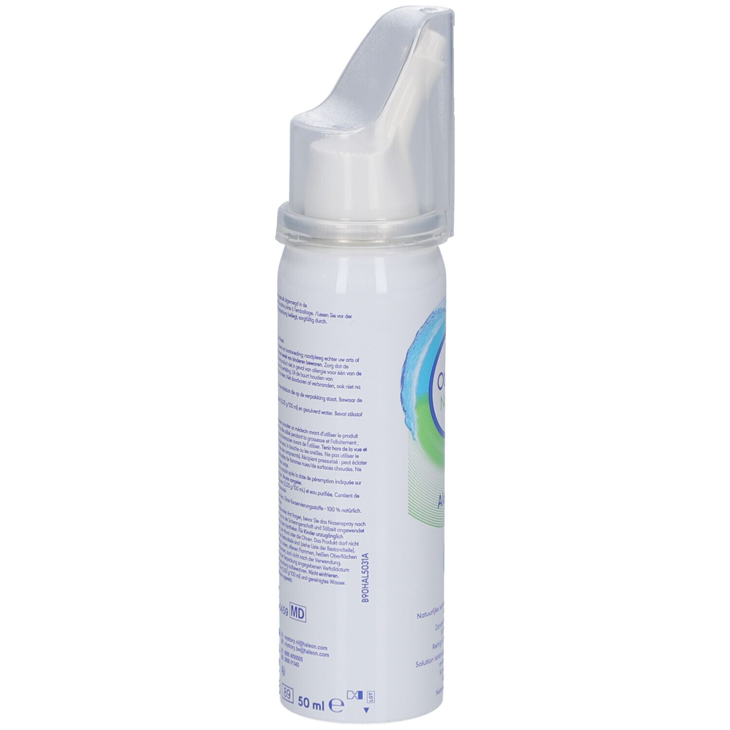 Nasenspray-Flasche mit Kappe. OtriCare Natural und Aloe vera. Weiße Flasche mit blau-grünem Design. Text auf der Seite.