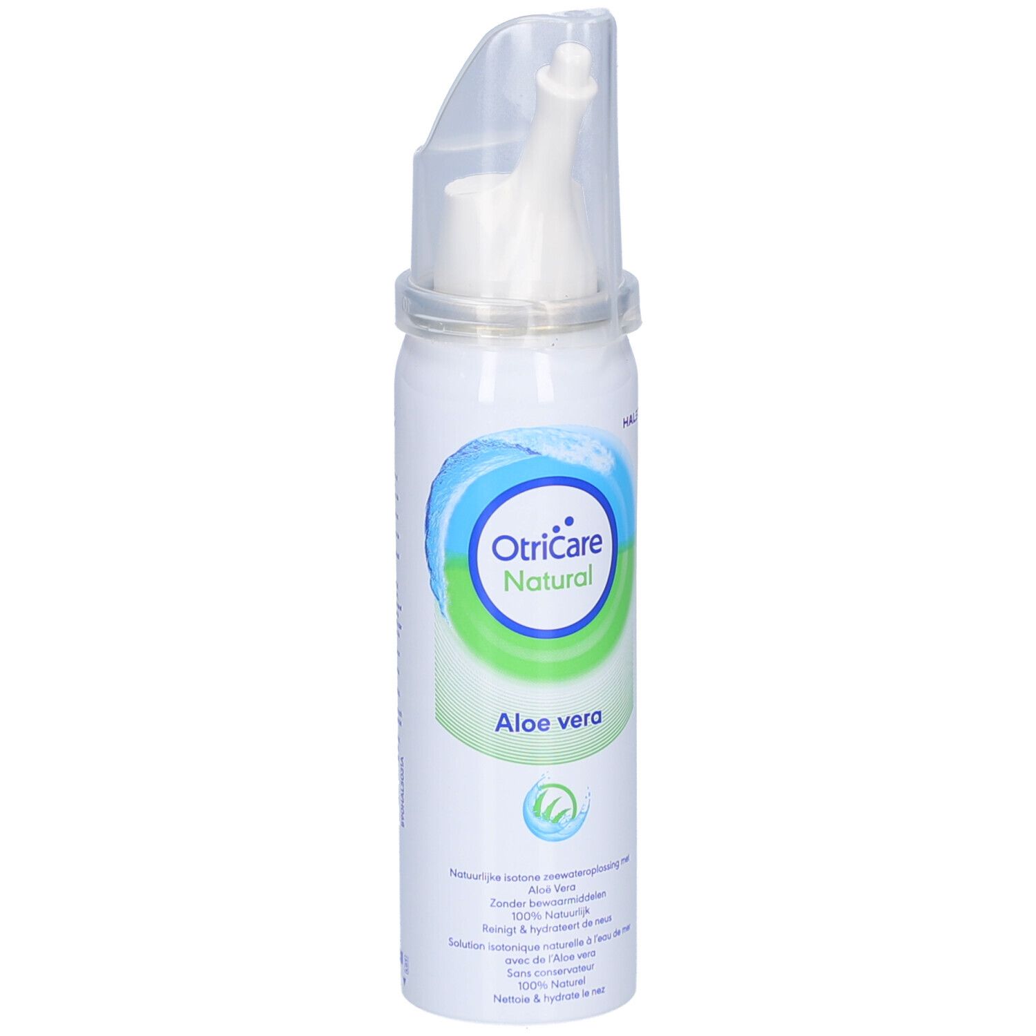 Nasenspray-Flasche mit Kappe. OtriCare Natural und Aloe vera. Weiße Flasche mit blau-grünem Design.