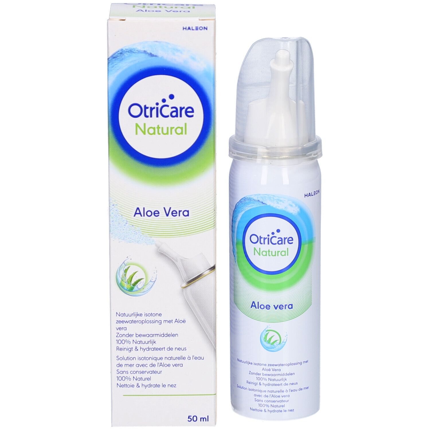 OtriCare Natural Aloe Vera Nasenspray und Verpackung. Weiße Verpackung mit blau-grünem Design.