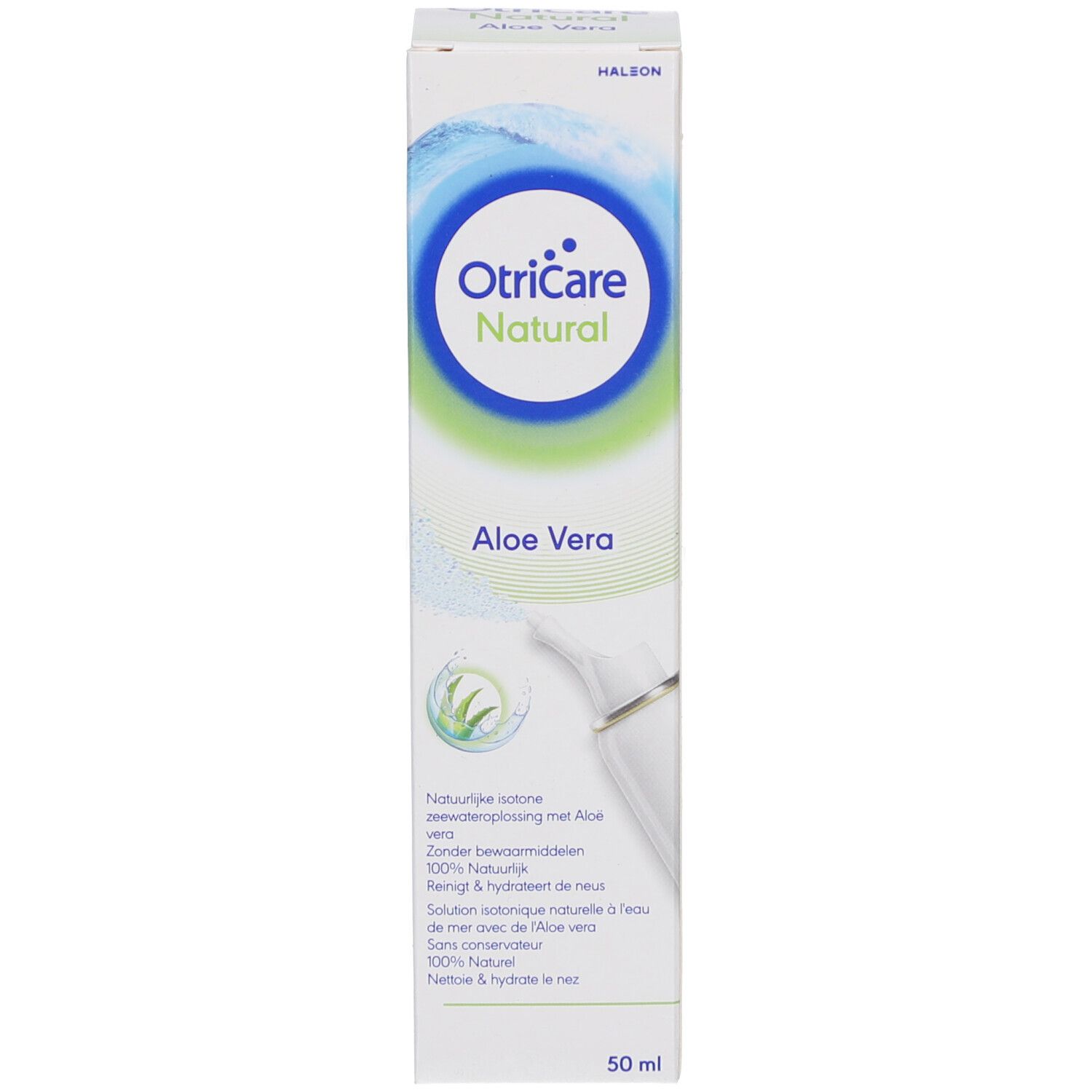 OtriCare Natural Aloe Vera Nasenspray und Verpackung. Weiße Verpackung mit blau-grünem Design.