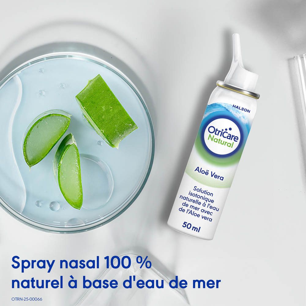 Spray nasal, feuilles d'aloe vera. OtriCare Natural Aloe Vera. Texte: Spray nasal 100 % naturel à base d'eau de mer.
