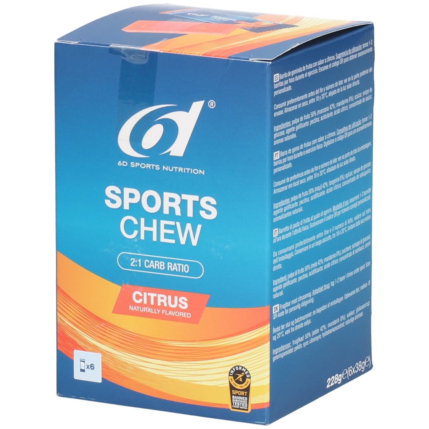 Blauer Karton mit 6d Sports Nutrition Sports Chew Citrus. Orangefarbene Akzente. 2:1 Carb Ratio. 6 x 38g. Mit Zertifizierung.