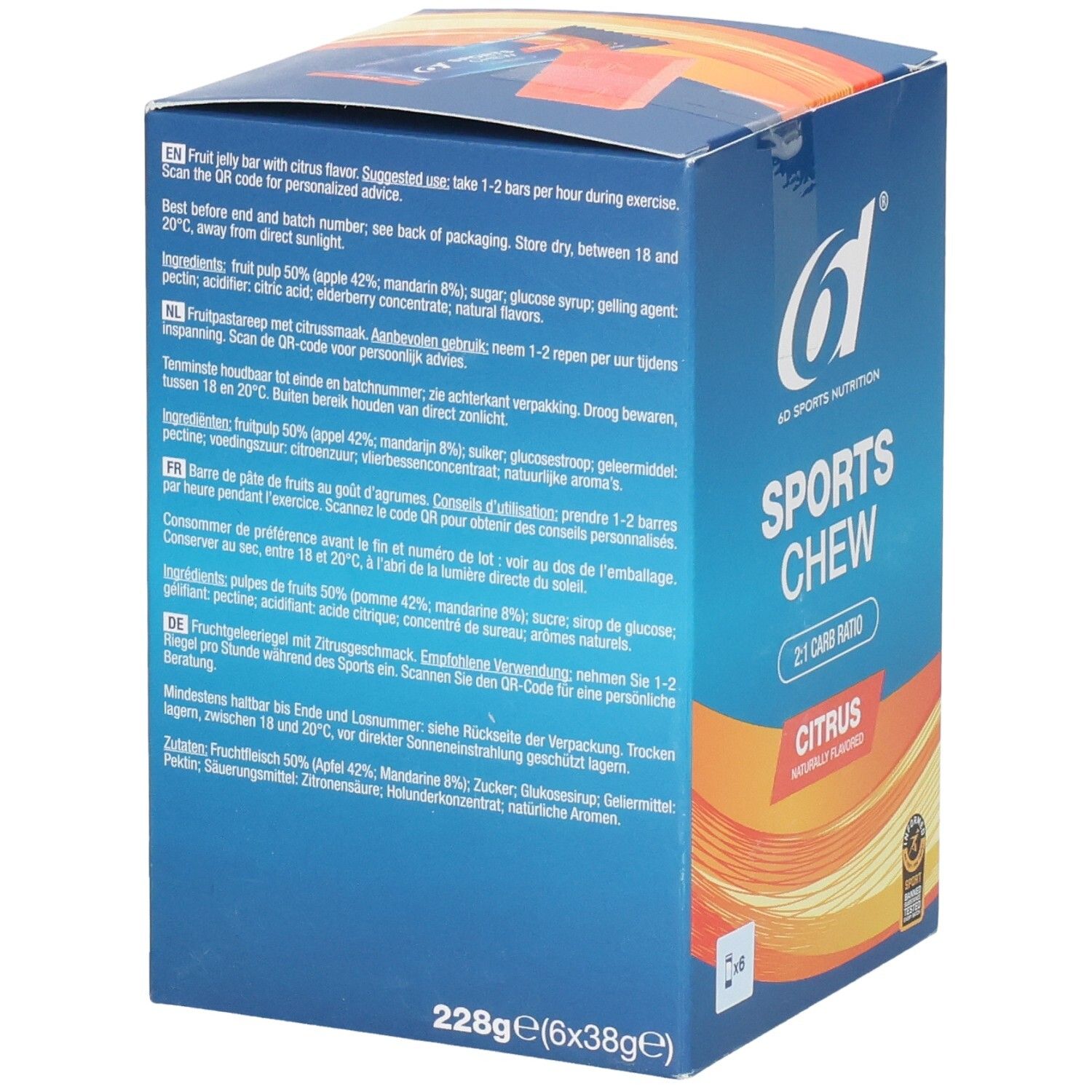 Rückseite der blauen Box mit 6d Sports Nutrition Sports Chew Citrus. Text in mehreren Sprachen. 228g (6x38g).