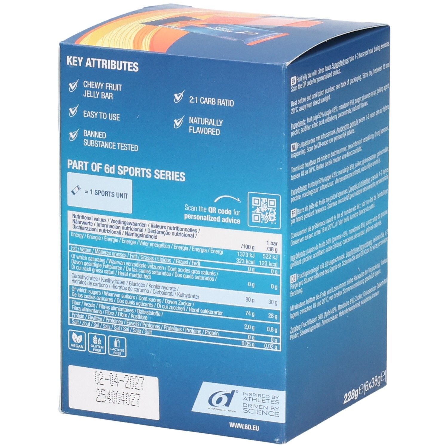 Rückseite der blauen Box mit 6d Sports Chew Citrus. Key Attributes: Chewy Fruit, 2:1 Carb Ratio, Easy to use, Naturally flavored.
