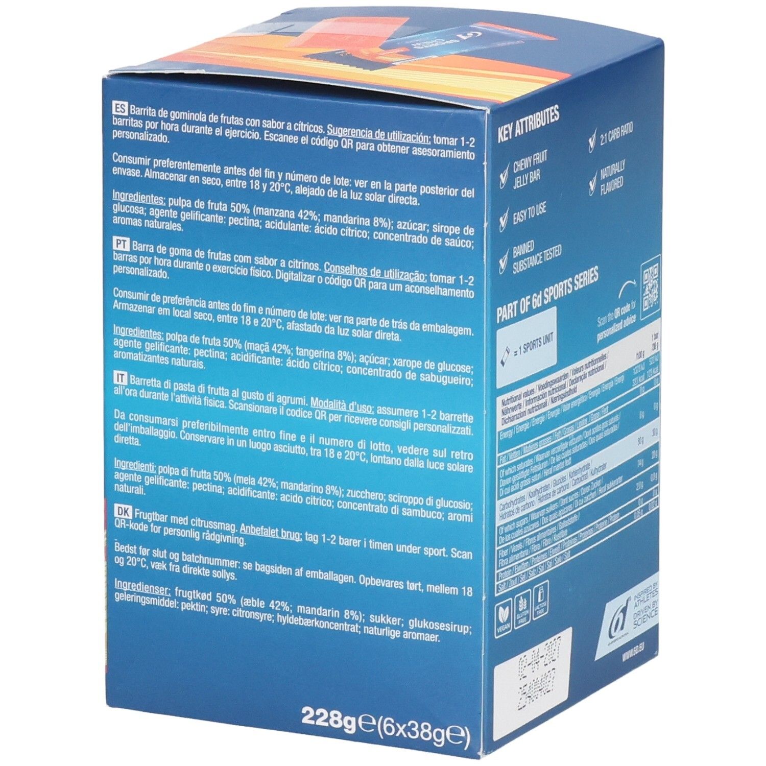 Verpackung mit 6 Riegeln (à 38g), 228g Gesamtgewicht. Enthält Fruchtpüree, Zucker, Zitrusaromen. "Key Attributes": Chew Fruit Jelly Bar, Easy to Use, Substance Tested, Part of 64 Sports Series.