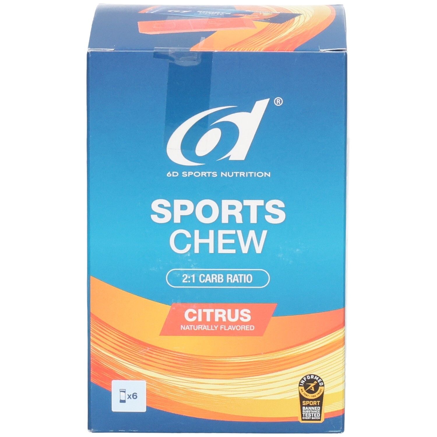 Blaue Box mit 6d Sports Nutrition Sports Chew Citrus. Orangefarbene Akzente. 2:1 Carb Ratio. 6 x. Mit Zertifizierung.