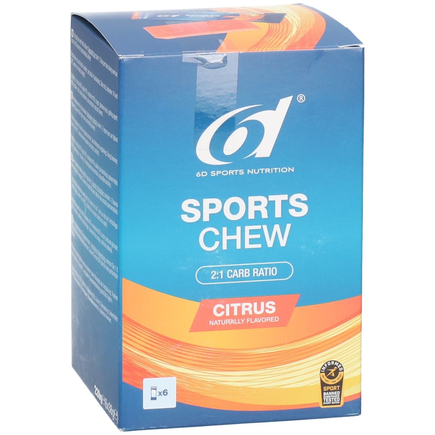 Blaue Box mit 6d Sports Nutrition Sports Chew Citrus. Orangefarbene Akzente. 2:1 Carb Ratio. 6 x. Mit Zertifizierung.