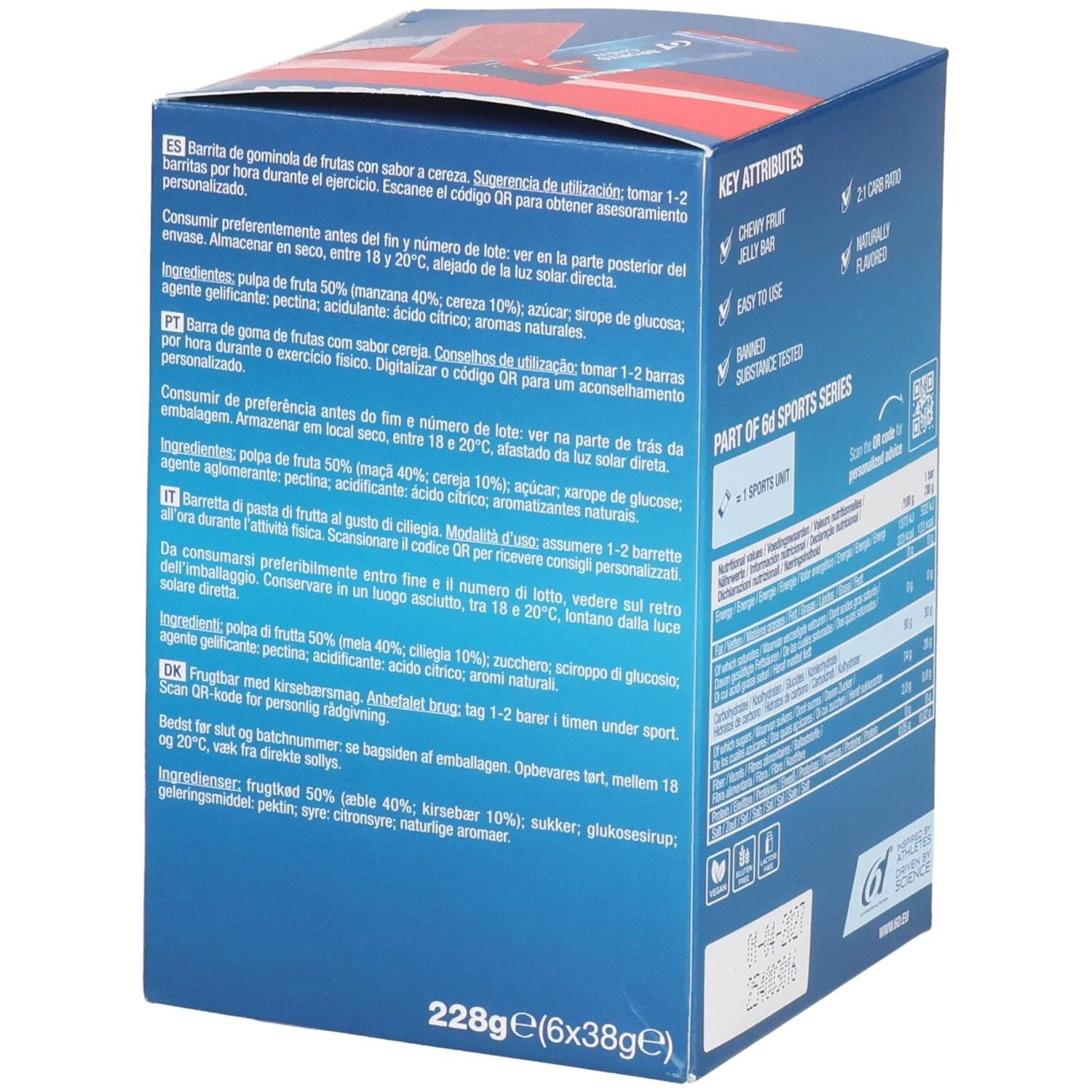Côté de la boîte en carton. Texte en plusieurs langues. Contient les ingrédients et les informations nutritionnelles. Code QR. 228g (6x38g).