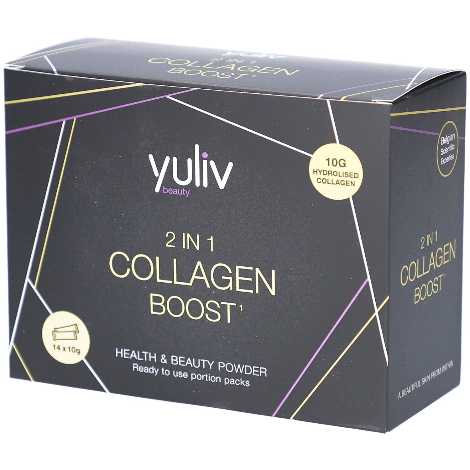 Schwarze Schachtel mit Yuliv 2 in 1 Collagen Boost. 14 x 10g Portionen. Enthält hydrolysiertes Kollagen. Health & Beauty.