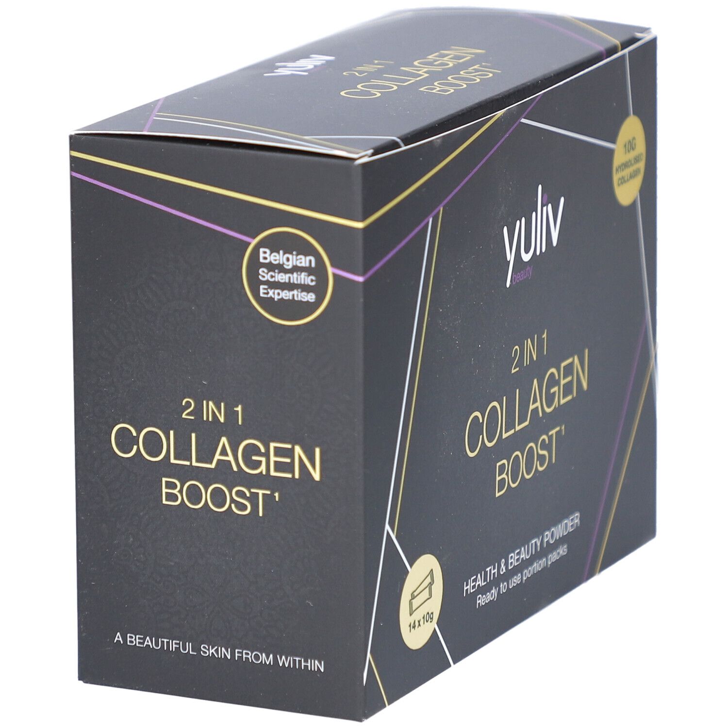 Schwarze Schachtel Yuliv 2 in 1 Collagen Boost. 14 x 10g Portionen. Enthält hydrolysiertes Kollagen. Belgian Scientific Expertise.