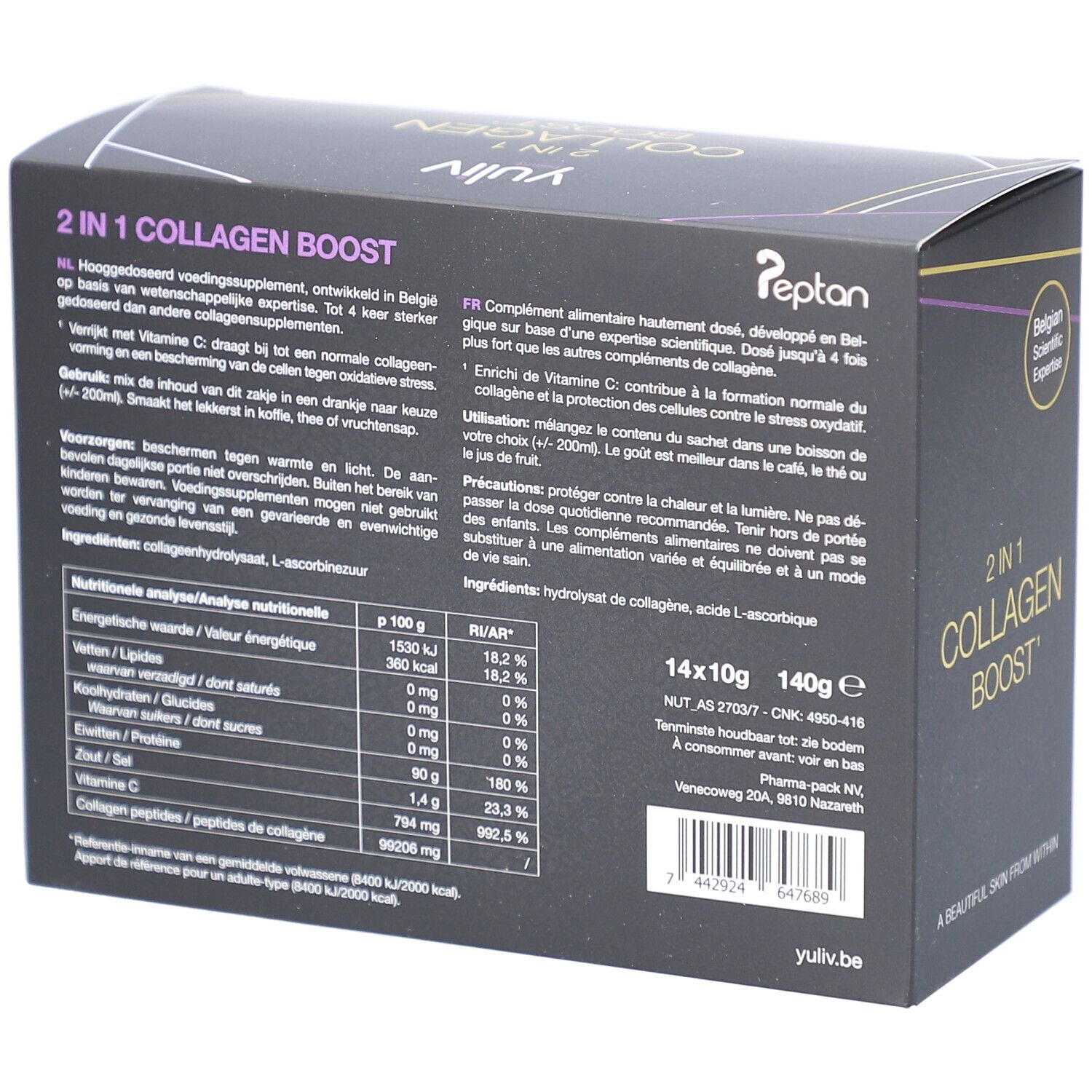 Rückseite der Yuliv 2 in 1 Collagen Boost Schachtel. Enthält Nährwertangaben und Inhaltsstoffe. Text in Deutsch, Französisch und Niederländisch.