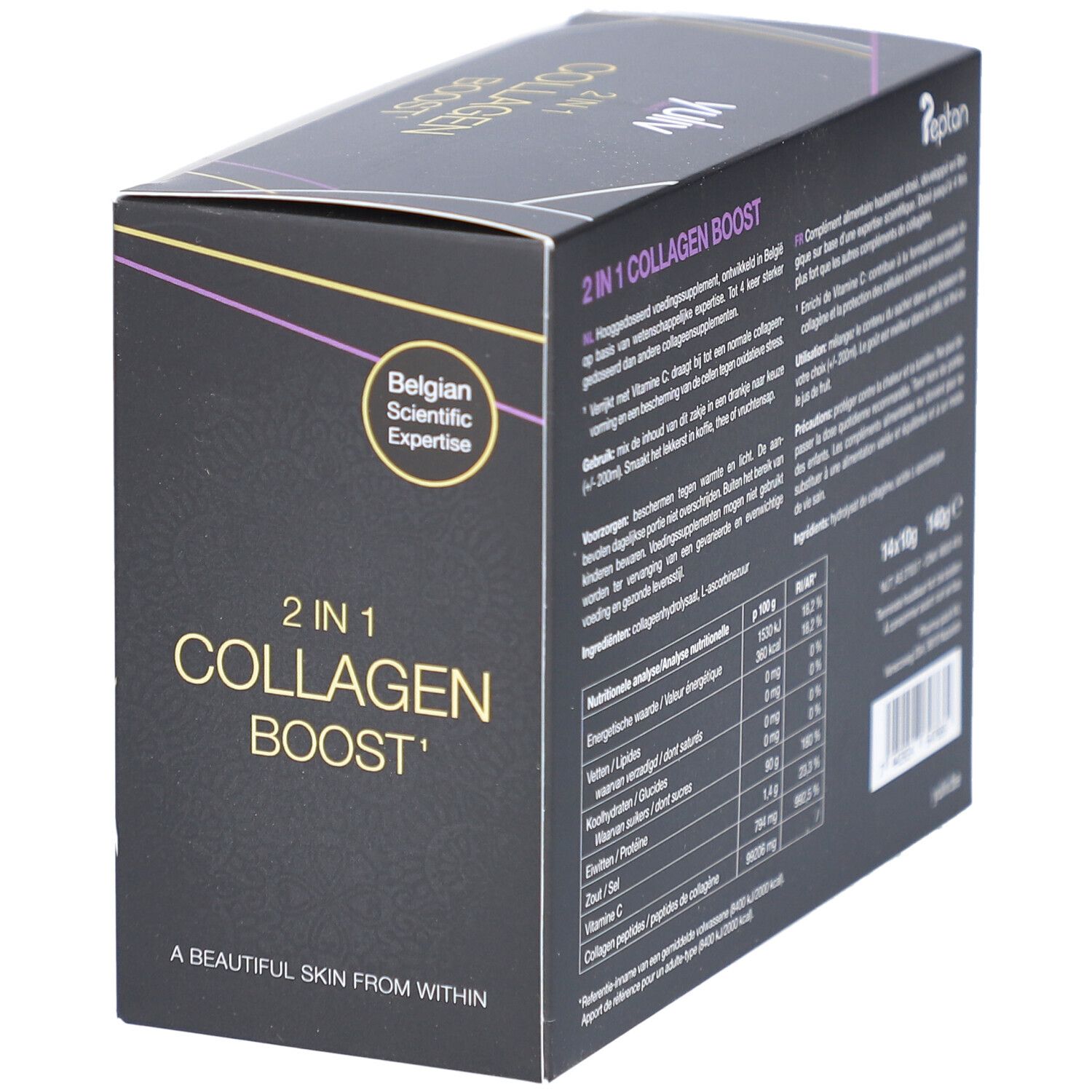 Yuliv 2 in 1 Collagen Boost Schachtel, Seitenansicht. Enthält Text und Nährwertangaben. Belgian Scientific Expertise.